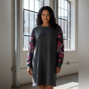 Boden Jasmine Sweater Dress Gray Cotton Floral Embroidery Tunic Size 4R